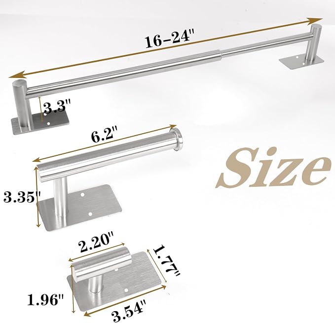 5 Pcs Self Adhesive Bathroom Hardware Set, Stainless Steel Towel Rack Set Include Adjustable 24In Bath Towel Bar+Toilet Paper Holder+3 Towel/Robe Hooks Bathroom Accessory Kit(Brushed Nickel)