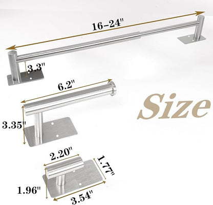 5 Pcs Self Adhesive Bathroom Hardware Set, Stainless Steel Towel Rack Set Include Adjustable 24In Bath Towel Bar+Toilet Paper Holder+3 Towel/Robe Hooks Bathroom Accessory Kit(Brushed Nickel)