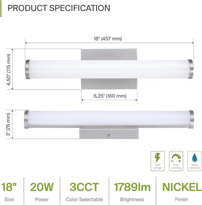 ASD 18" LED Linear Vanity Light Fixture, Modern Bathroom Sconce — 3 Color 3000K-5000K, Dimmable, 20W 1500LM, Energy Star & ETL Listed — Over Mirror Makeup Bar for Bedroom, Cabinets — Nickel, 4 Pack