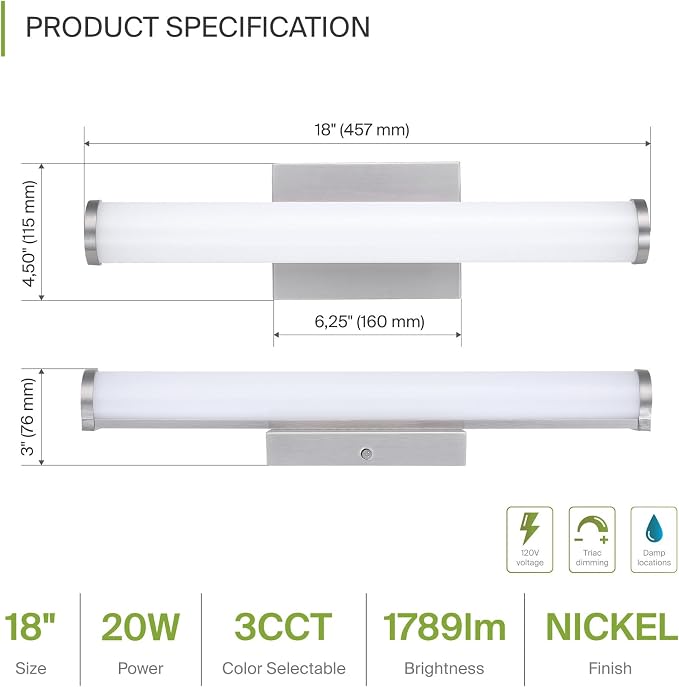 ASD 18" LED Linear Vanity Light Fixture, Modern Bathroom Sconce — 3 Color 3000K-5000K, Dimmable, 20W 1500LM, Energy Star & ETL Listed — Over Mirror Makeup Slim Bar for Bedroom, Cabinets — Nickel