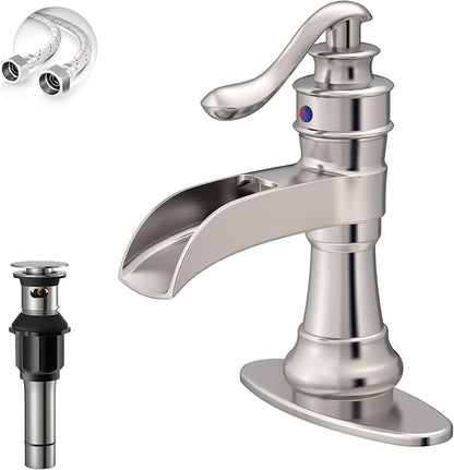 Brushed Nickel Bathroom Faucet Waterfall Single Hole Bathroom Sink Faucet | Brass Single Handle 1 Hole Farmhouse Faucets Lavatory Vanity with Overflow Pop Up Drain Parts by BATHLAVISH