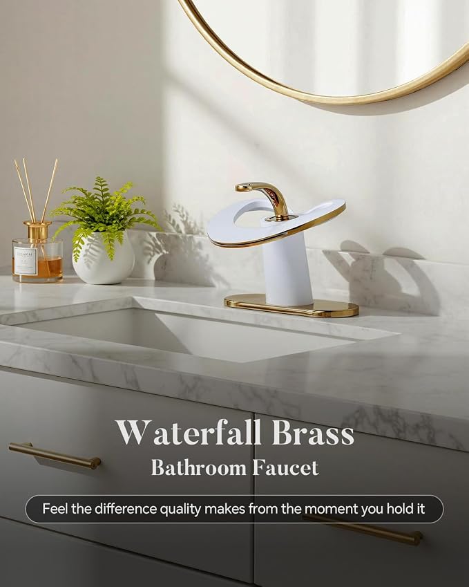 White Gold Waterfall Single Hole Vanity Sink 2 Tone Brass Unique Modern Bathroom Faucets, Luxury Elegant Hollow 1 Handle Faucet, Basin Tap for RV Bar Laundry with Pop up Drain, Sink Romodel