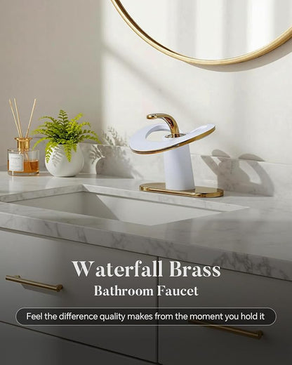White Gold Waterfall Single Hole Vanity Sink 2 Tone Brass Unique Modern Bathroom Faucets, Luxury Elegant Hollow 1 Handle Faucet, Basin Tap for RV Bar Laundry with Pop up Drain, Sink Romodel
