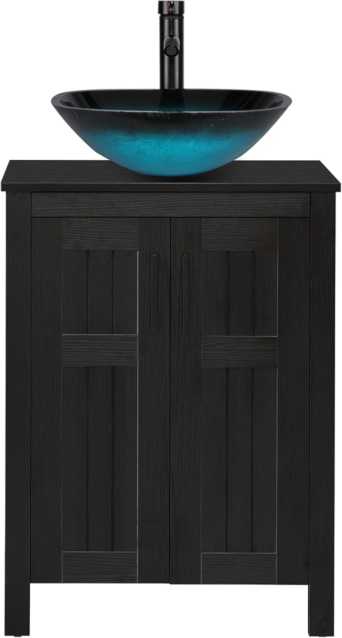 UEV Black 24" Bathroom Vanity with Sink Combo,Modern Vanity with Vessel Sink,Stylish Bathroom Vanity Cabinet,Grooved Doors & Metal Handles,Modern Square Ocean Blue Tempered Glass Vessel Sink(A10)