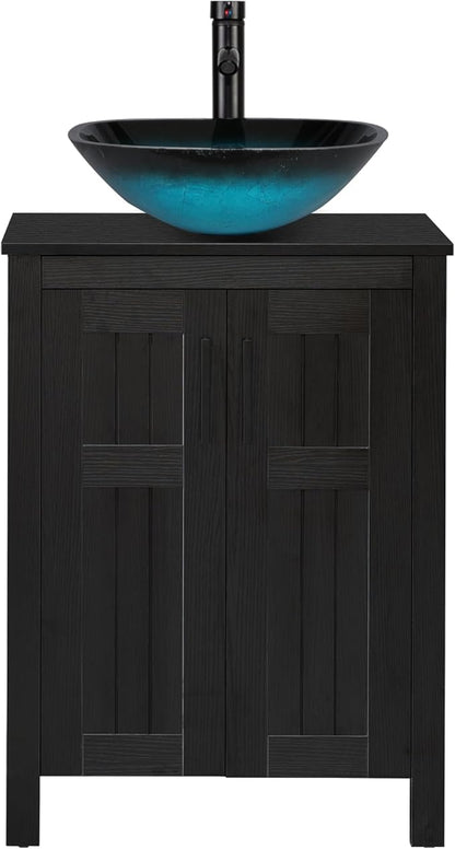 UEV Black 24" Bathroom Vanity with Sink Combo,Modern Vanity with Vessel Sink,Stylish Bathroom Vanity Cabinet,Grooved Doors & Metal Handles,Modern Square Ocean Blue Tempered Glass Vessel Sink(A10)