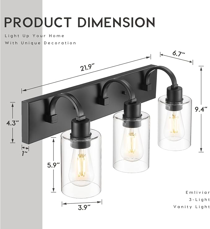 Emliviar 3-Light Bathroom Vanity Light Fixture, 21.9" Black Modern Wall Sconce with Clear Glass Shade, YCE237B-3W BK