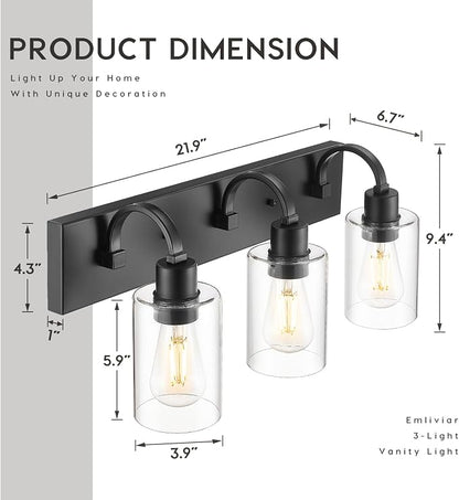 Emliviar 3-Light Bathroom Vanity Light Fixture, 21.9" Black Modern Wall Sconce with Clear Glass Shade, YCE237B-3W BK