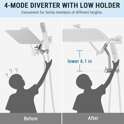 G-Promise 16 Inch All Metal Rain Shower Head with Handheld (Brushed Nickel) | Suits Every Height, Pause Mode Diverter, Massage Mode Handheld, Full Body Coverage, Easy to Install, Modern Bath Upgrade