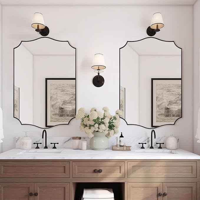 ANDY STAR Matte Black Mirror, 24x36 Inch Scalloped Bathroom Mirror, Unique Wavy Rectangle Mirror in Stainless Steel Metal 1” Frame, Wall Mount Vertical or Horizontal