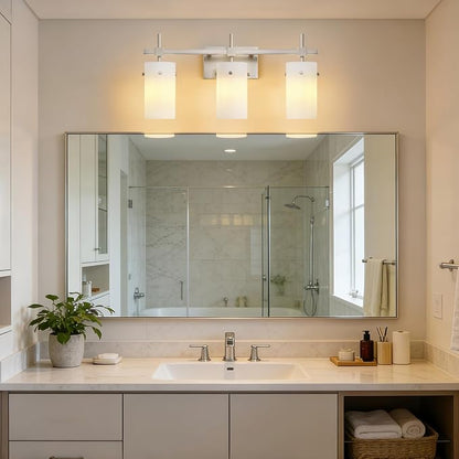 SOLFART Brushed Nickel Bathroom Light Fixtures, 3-Light Modern Vanity Light Over Mirror, Wall Sconces with Milky White Frosted Glass Shades, E26 Socket (Bulbs Not Included)
