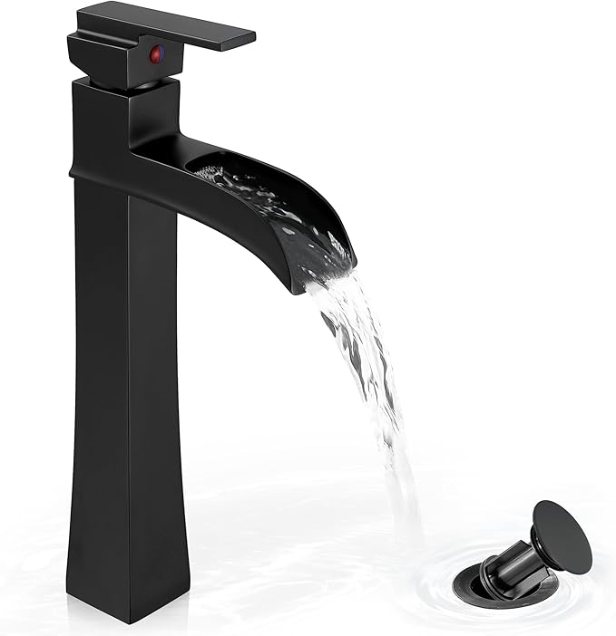 Vessel Sink Faucet Black, 12 Inch Waterfall Tall Bathroom Faucet One Hole with Pop-Up Drain & Pre-Installed Hoses, Single Handle for Bathroom Sink Bowl Deck Mount, Modern, Brass Material