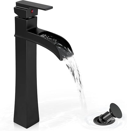 Vessel Sink Faucet Black, 12 Inch Waterfall Tall Bathroom Faucet One Hole with Pop-Up Drain & Pre-Installed Hoses, Single Handle for Bathroom Sink Bowl Deck Mount, Modern, Brass Material