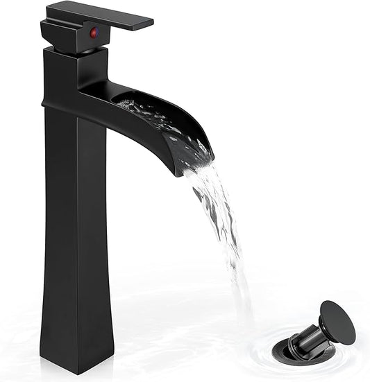 Vessel Sink Faucet Black, 12 Inch Waterfall Tall Bathroom Faucet One Hole with Pop-Up Drain & Pre-Installed Hoses, Single Handle for Bathroom Sink Bowl Deck Mount, Modern, Brass Material