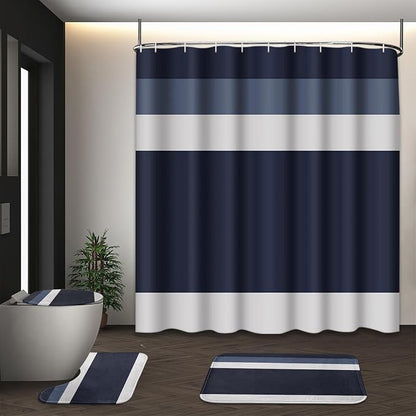 Bathroom Sets with Shower Curtain and Rugs 4 Pcs, Geometric | Striped Minimalist Navy Blue Bathroom Decor Set with Toilet Lid Cover, Non-Slip Bath Mats and Accessories 12 Hooks