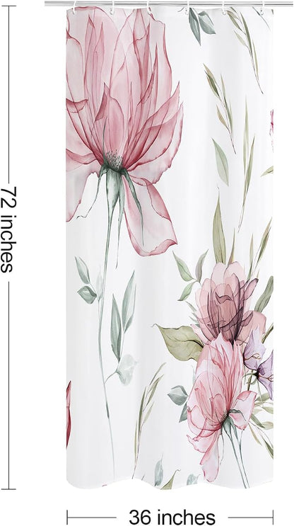 Litabel Small Stall Boho Watercolor Floral Shower Curtain 36 x 72, Pink and Grey Ink Painting Style Flower Shower Curtains for Chic Elegant Bathroom, Artistic Narrow Half Size Shower Curtain