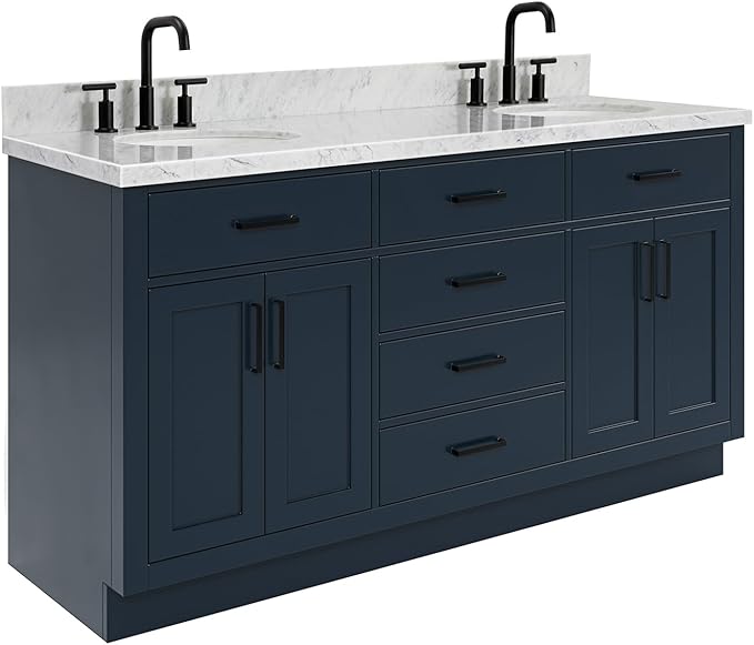 ARIEL Hepburn 66-inch Bathroom Vanity with Sink,Solid Wood, 1.5-inch Italian Carrara Marble Countertop, Double Oval Porcelain Sink, 4 Soft Closing Doors, 6 Dovetail Drawers, Midnight Blue
