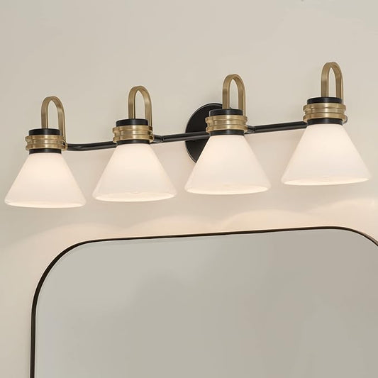 Kichler Farum 34" 4-Light Vanity Light with Opal Glass in Black, for Single or Double Vanity, Over a Mirror, Powder Room, Bathroom, (34" W x 9.5" H), 55156BK