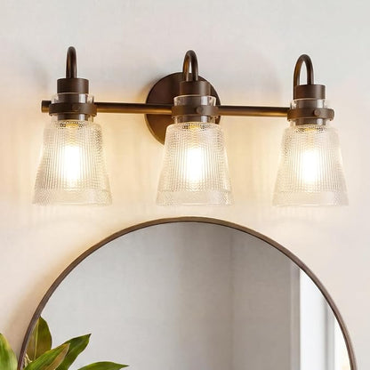 3-Light Bathroom Vanity Light, Farmhouse Bathroom Light Fixture with Clear Striped Glass Shade, 18.8 Inch Oil Rubbed Bronze Wall Sconce Lighting Over Mirror for Bedroom Hallway Cabinet