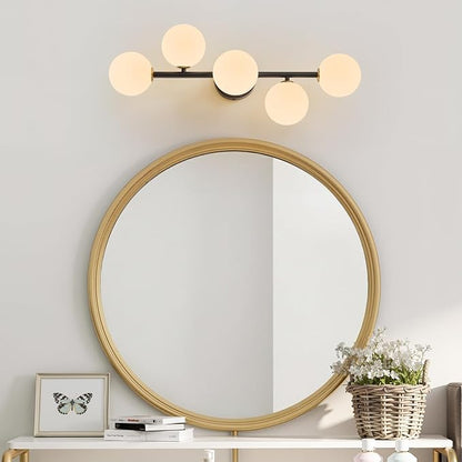 Black Bathroom Vanity Light Fixture,5 Lights Mid Century Modern Wall Sconce | Modern Milk White Glass Globe Makeup Wall Sconce Lighting,Matte Black Minimalist Bathroom Vanity Light over Mirror,G9 Base