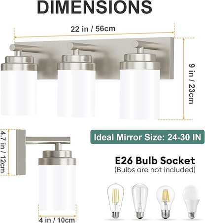 IZORRO Bathroom Vanity Light Fixture, 3-Light 22 Inch Brushed Nickel Bathroom Light Fixtures Over Mirror, with White Glass Shade, Modern Farmhouse Vanity Lights, Rustic Restroom Lighting Fixtures