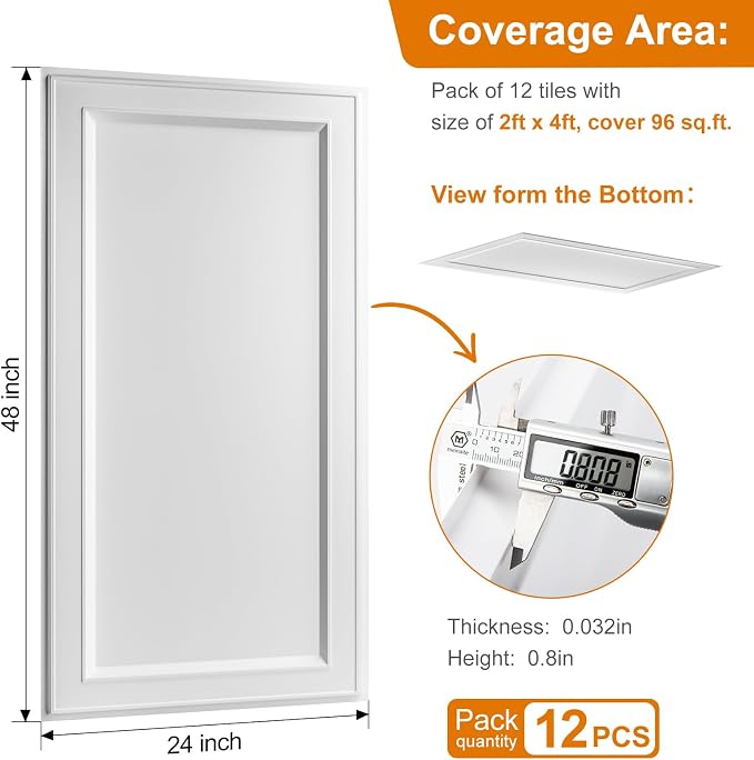 WOWSTAR 12-Pack 2x4ft Drop Ceiling Tiles, Waterproof Glue up Ceiling Panels, Modern Style 3D Wall Panels, White | PVC ceiling panels, 2x4 ft, waterproof, glue-up install, basement kitchen bathroom, 12-pack