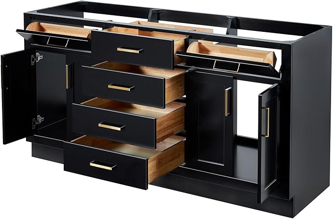 ARIEL Hepburn 66-inch Bathroom Vanity Base Cabinet,Solid Wood, 4 Soft Closing Doors, 6 Dovetail Drawers, Black