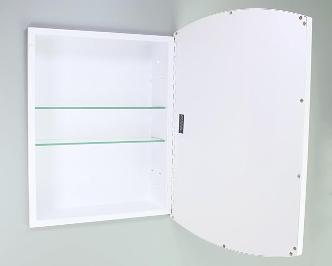 Fox Hollow Furnishings 16x20 Harper Crescent Metal Framed Rectangle Recessed Bathroom Medicine Cabinet, Arced Mirror, 14x18 in-Wall Opening, Adjustable Glass Shelves, Magnet Close, White