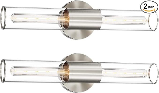 Bathroom Vanity Light Fixture, 2-Light Brushed Nickel Wall Sconce Lighting Fixture with Clear Glass, Indoor E26 Socket Silver Wall Lamp for Mirror Living Room Hallway, 2 Pack