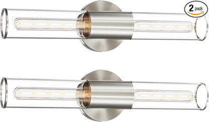 Bathroom Vanity Light Fixture, 2-Light Brushed Nickel Wall Sconce Lighting Fixture with Clear Glass, Indoor E26 Socket Silver Wall Lamp for Mirror Living Room Hallway, 2 Pack