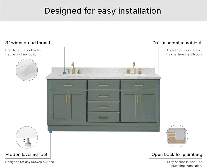Isabella 72-inch Vintage Green Bathroom Vanity with Left & Right Rectangle Double Sinks, Italian Carrara Marble Countertop & Backsplash, Solid Wood Frame, Soft-Closing & Dovetail Drawers