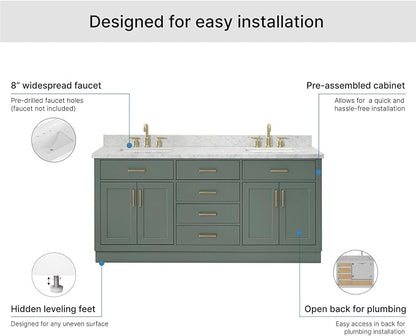 Isabella 72-inch Vintage Green Bathroom Vanity with Left & Right Rectangle Double Sinks, Italian Carrara Marble Countertop & Backsplash, Solid Wood Frame, Soft-Closing & Dovetail Drawers