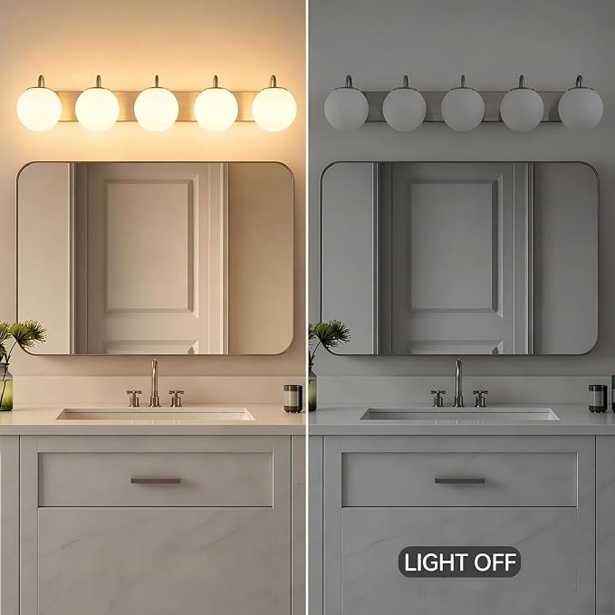 5 Lights Vintage Bathroom Vanity Light Fixtures Over Mirror, Brushed Nickel Vanity Lights For Bathroom With Milk White Glass Globe Shade, Wall Lights For Bedroom, Hallway, Dressing Table(G9 Incl.)
