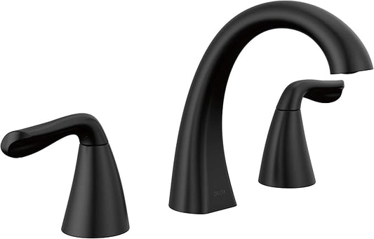 Delta Arvo Matte Black Bathroom Faucet 3 Hole, 8 Inch Widespread Bathroom Sink Faucet for Vanity, Push-Pop Drain Assembly, Matte Black 35840LF-BL