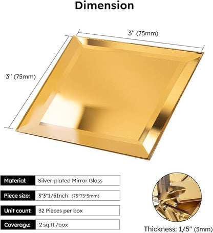 Peel and Stick Mirror Backsplash, Gold, 3x3 Inch, Beveled Mirror Square Kitchen Bar Wall Tile (2 Sq.ft, 32 Pcs)