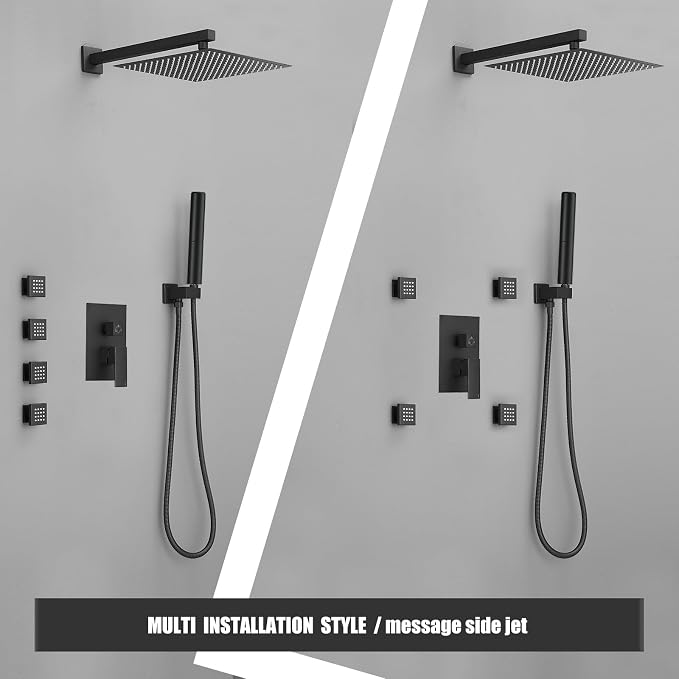 Hoimpro 12 Inch Rainfall Shower Faucet with 4 Full Body Shower Jet Fixtures Combo, Shower System Set with Rain Mixer Shower Head and Brass 2 in 1 Spray Handheld Showerhead, Wall Mounted, Matte Black