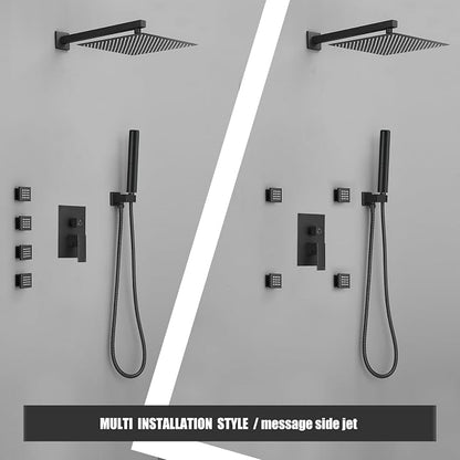 Hoimpro 12 Inch Rainfall Shower Faucet with 4 Full Body Shower Jet Fixtures Combo, Shower System Set with Rain Mixer Shower Head and Brass 2 in 1 Spray Handheld Showerhead, Wall Mounted, Matte Black