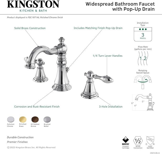 Fauceture FSC1978AL English Classic Widespread Bathroom Faucet with Pop-Up Drain, Brushed Nickel