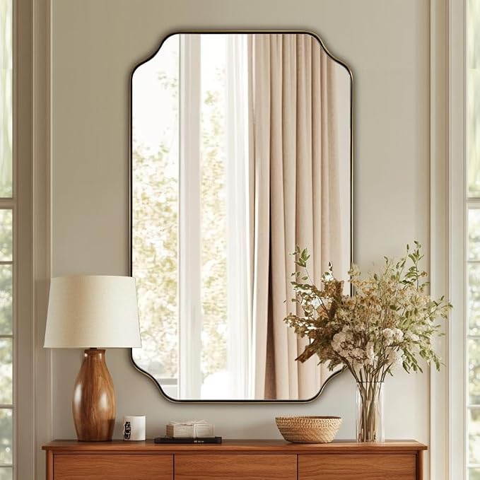 30"x48" Gold Bathroom Mirror, Large Scalloped Wall Mirror, Brushed Brass Mirror in Anti-Rust Stainless Steel Metal, Unique Scalloped Edge Design Decorative for Bathroom, Powder Room