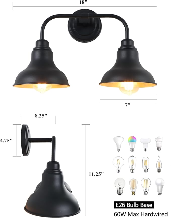 18-Inch 2-Light Farmhouse Bathroom Vanity Light Over Mirror, Black | Rustic industrial style, metal construction, 2 E26 sockets, 60W max each, dimmable, 7.08 in. shades, bathroom mirror, bedroom