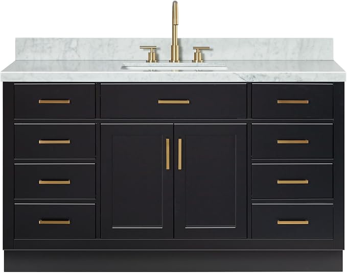 ARIEL Hepburn 60-inch Bathroom Vanity with Sink,Solid Wood, 1.5-inch Italian Carrara Marble Countertop, Single Rectangular Porcelain Sink, 2 Soft Closing Doors, 9 Dovetail Drawers, Black