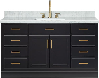 ARIEL Hepburn 60-inch Bathroom Vanity with Sink,Solid Wood, 1.5-inch Italian Carrara Marble Countertop, Single Rectangular Porcelain Sink, 2 Soft Closing Doors, 9 Dovetail Drawers, Black