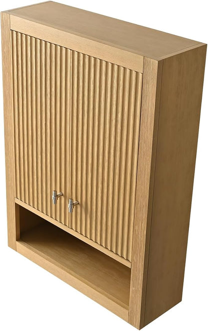 HOMEBEYOND 24 Inches Bathroom Vanity Wall Mount Storage Cabinet & Shelves, Free-Standing Vanity with Soft-Closing Doors, Golden Brushed Handware, Natural Oak