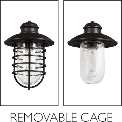 Design House 588970-BRZ Stevenson Rustic Industrial 1-Light Indoor Outdoor Dimmable Wall Light with Clear Seedy Glass and Metal Wire Shade for Kitchen Hallway Bedroom Bathroom Patio, Bronze