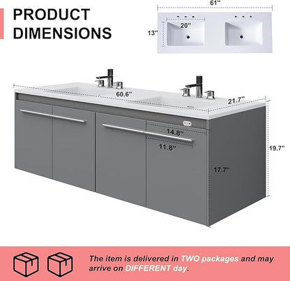 60-Inch Double Sink Floating Vanity with Human Sensor LED, High Gloss Wall Mounted Bathroom Vanity with Sink, Modern Bath Sink Vanity Cabinet with Metal Handles, Gray