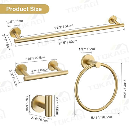 TQKAG 8-Pieces Bathroom Hardware Set, Brushed Gold Towel Bar Set 23.6 Inch | Towel Racks for Bathroom Wall, SUS304 Stainless Steel, Gold Bathroom Accessories with Paper Holders, Towel Rings, Towel Hooks