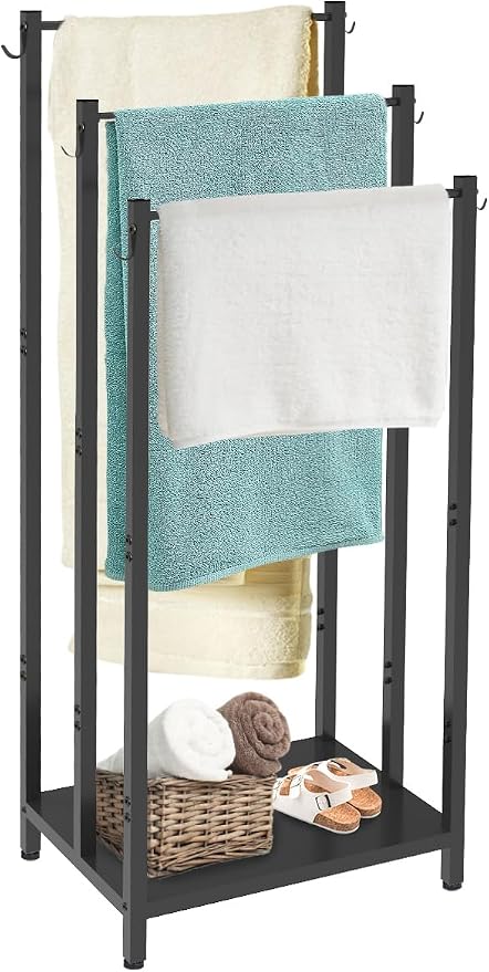 44 Inch Tall Free Standing Towel Rack, Black | 3 Tiers Heavy Duty Blanket Drying Stand Holder with Metal Storage Shelf & 6 Hooks for Bathroom, Pool, Bedroom, Living Room