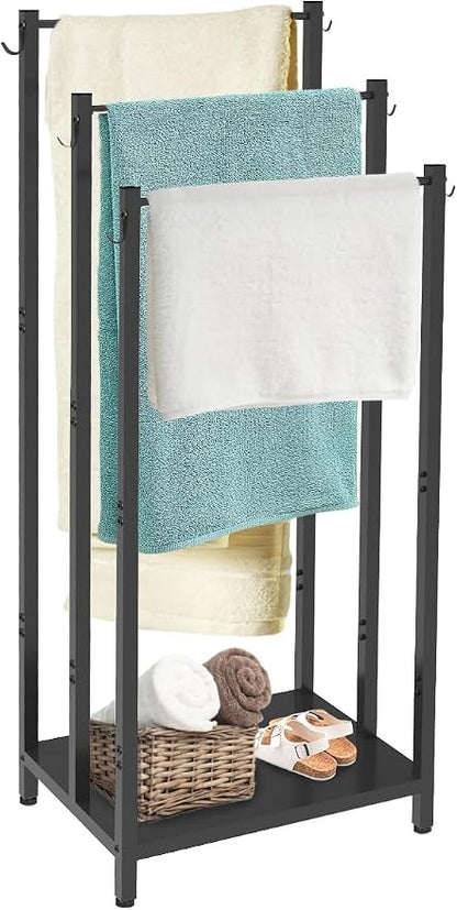44 Inch Tall Free Standing Towel Rack, Black | 3 Tiers Heavy Duty Blanket Drying Stand Holder with Metal Storage Shelf & 6 Hooks for Bathroom, Pool, Bedroom, Living Room