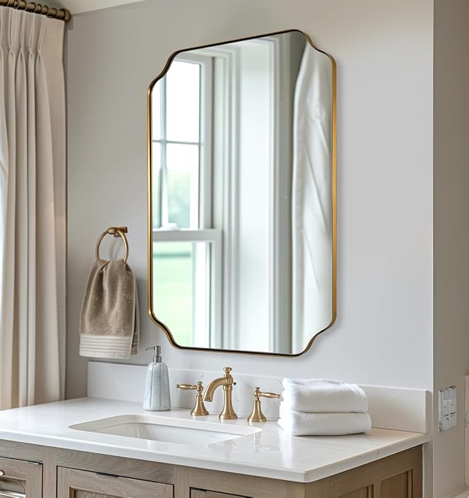 Brushed Gold Scalloped Bathroom Mirror, 26"x38" Rectangle Mirror | Rustproof Stainless Steel Frame, Anti-Corrosion HD Glass, Unique Notched Corners, Horizontal or Vertical, Ideal for Bathroom