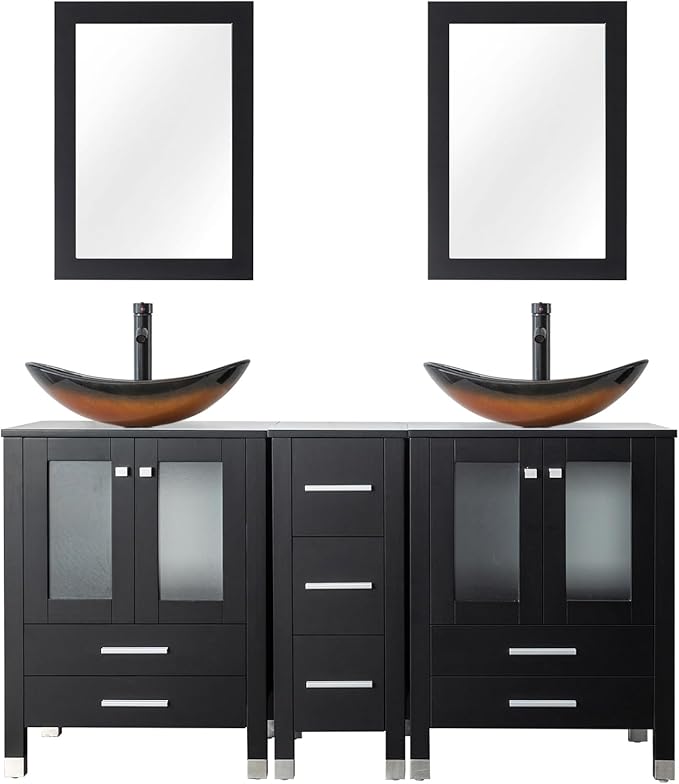 LUCKWIND 60" Double 24" Bathroom Vanity with Sink Combo, Elegant Series with One 12.6-in Side Cabinet, Painted Frame, Including Brown Boat Sinks, Faucets Without Mirrors, Black