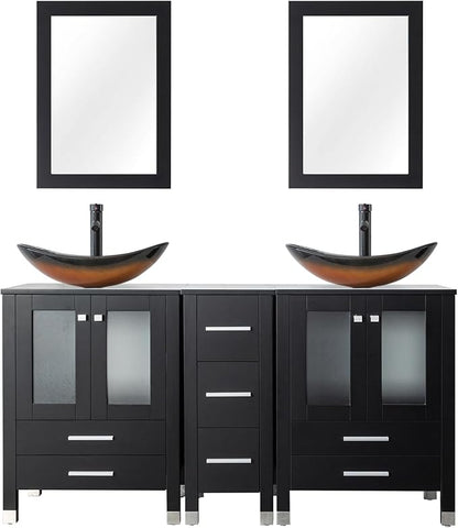 LUCKWIND 60" Double 24" Bathroom Vanity with Sink Combo, Elegant Series with One 12.6-in Side Cabinet, Painted Frame, Including Brown Boat Sinks, Faucets Without Mirrors, Black